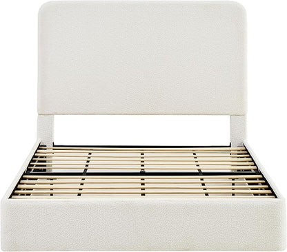 King Size Upholstered Bed Frame, 52" High Headboard Wingback Bedframes, Canter Tall Headboard Floor Platform Beds, No Box Spring Needed No Noise/Easy Assembly/Minimalist, Pearl White Chenille