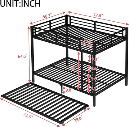 Upgraded Version Thicken Heavy Duty Metal Full Over Full Bunk Bed with Twin Size Trundle, Modern Style Stronger Full Size Bunk Bed Frame for Adults, Easy Assembly (Full)