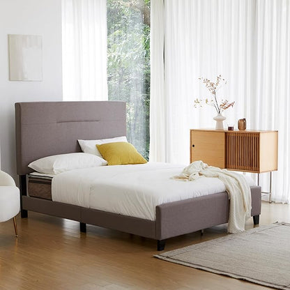 Livinia Amelia Queen Size Platform Bed, Fabric Upholstered Queen Bed Frame with Height Adjustable Headboard Footboard, Strong Wood Slats, No Box Spring Needed, Brown