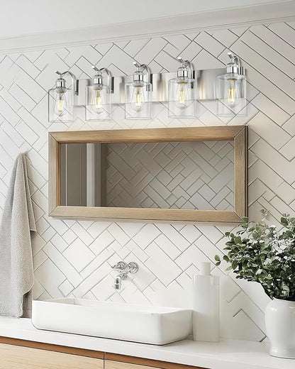 5 Light Bathroom Vanity Light, Brushed Nickel Vanity Lights for Morden Bathroom Lighting Fixtures Over Mirror Wall Light Fixtures with Clear Glass Shade ZCVL01BN-5