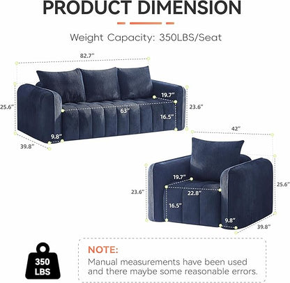 Corduroy Boneless Living Room Sets, Modern Upholstered 3 Seater Sofa with 2 Signle Accent Chairs, Comfy Deep Seat Cloud Sofa Couch Sets for Living Room, Navy