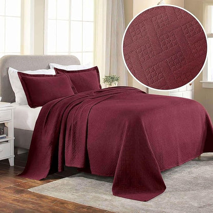 Superior 100% Cotton Basket Weave Bedspread with Shams, All-Season Premium Cotton Matelasse Jacquard Bedding, Quilted-Look Geometric Basket, Twin, Garnet