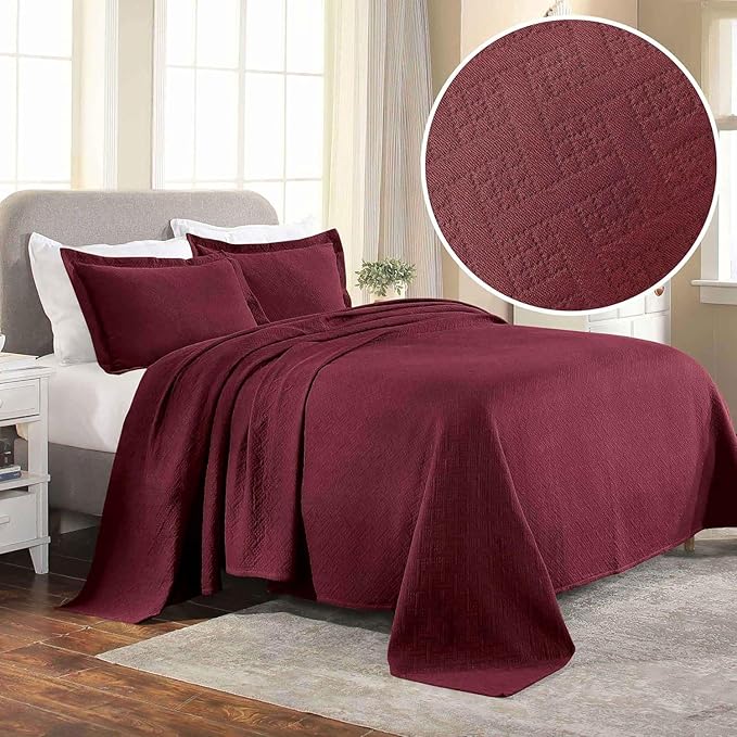 Superior 100% Cotton Basket Weave Bedspread with Shams, All-Season Premium Cotton Matelasse Jacquard Bedding, Quilted-Look Geometric Basket, Queen, Garnet