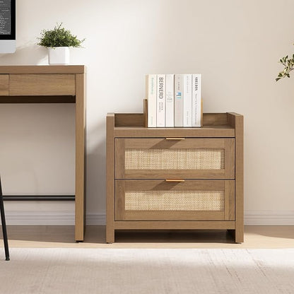 SICOTAS Rattan Nightstand End Table - Night Stand Bedside Table with Type-C Charging Station, 2 Drawers Storage - Boho Night Stands for Bedroom - Natural Oak