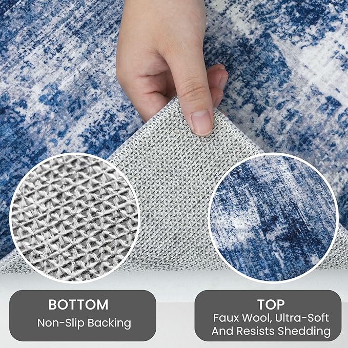 IOHOUZE Abstract Runner Rug 2x8 Ft Washable Runners for Hallways, Non Slip Kitchen Runner Printed Faux Wool Entryway Runner Indoor, Modern Abstract Floor Carpet for Hall Kitchen Bedroom, Navy/Grey