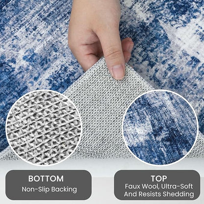 IOHOUZE Abstract Area Rugs 9x12 Ft Washable Large Rugs for Living Room, Non Slip Dining Room Rug, Printed Faux Wool Rugs for Bedroom, Floor Carpet for Office Nursery Playroom, Navy/Grey