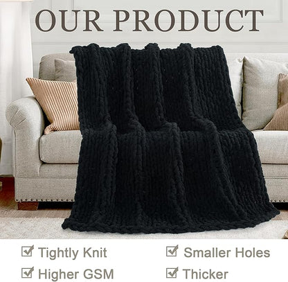 Chunky Knit Throw Blanket 50"X 60", 100% Handmade with Soft Chenille Yarn, 4.4lbs Thick Cable Knitted Blankets, Large Rope Knot Crochet Throws for Couch Sofa Bed Home Decor, Black