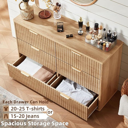 LEYAOYAO Fluted 6 Drawers Dresser for Bedroom, 48" Wide Modern Chest of Drawers with Metal Handle, Natural Curved Profile Farmhouse Closet Organizer Wood Dressers TV Stand for Living Room, Hallway