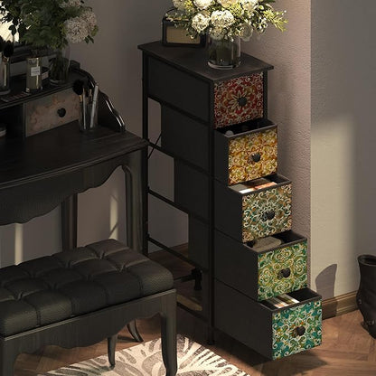 GiftGo Retro Skinny Dresser with Fabric Drawers Thin Slim Boho Mandala Flower Chest of Drawers Narrow Storage Tower for Small Spaces Gaps Bedroom Beautiful Nightstand Living Room Table