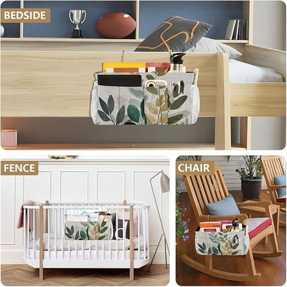 Bedside Caddy Hanging Bunk Bed Caddy Bed Organizer Hanging Pocket with 2 Hooks Bedside Storage Organizer Pocket Bag Holder Beige Boho Style Leaves