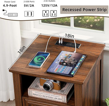 18" Farmhouse Night Stand with Charging Station, 2 Drawers End Table Dresser for Bedroom, Brown Wooden Nightstand, Bed Side Table with Open Shelf, Bedside Cabinet for Living Room, Closet