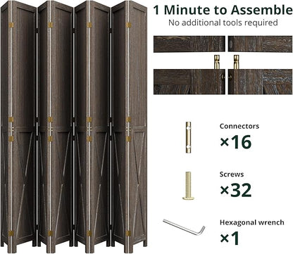 Cozy Castle Wood Room Divider, 8 Panels Folding Privacy Screen, 66.9'' Wall Divider, Barnwood Room Separator, Freestanding Partition, Temporary Wall for Decorative, Rustic Brown