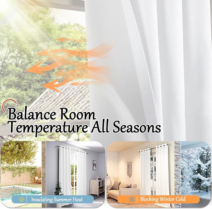 Blackout Curtains for Bedroom 63 Inch Length 2 Panels Set, Thermal Insulated 100% Black Out Privacy Soundproof Grommet Farmhouse Linen Window Curtains for Living Room Darkening, White, Each 52”Wide