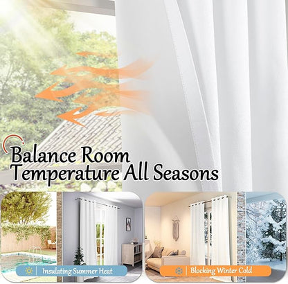 Blackout Curtains for Living Room 95 Inch Length 2 Panels Set, Thermal Insulated 100% Black Out Privacy Soundproof Grommet Farmhouse Linen Window Curtains for Bedroom Darkening, White, Each 52”Wide
