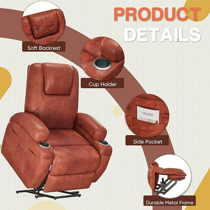 Furmax Electric Power Lift Recliner Chair with Massage for Elderly Corduroy Fabric Recliner Single Sofa with Cup Holders, Side Pockets and Remote Control for Living Room Bedroom (Leathaire, Brown)