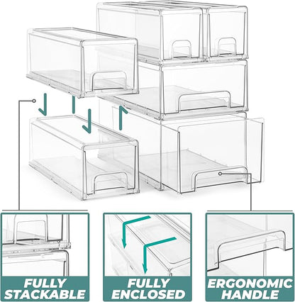 Sorbus 1 Medium & 2 Small Clear Stackable Storage Drawers – Plastic Organizer Bins with Handles – Stackable Pull-Out Storage Drawers for Closet, Pantry, Office, Bathroom, Craft, and Toy Organization