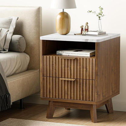 Fluted Nightstand with 2 Drawers, 18" Modern Night Stand with Faux Marble Top, Open Storage Shelf, Curved Edge Bedside Table for Bedroom, End Side Table (1, Walnut)
