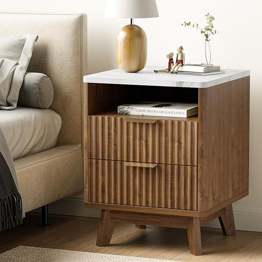 Fluted Nightstand with 2 Drawers, 18" Modern Night Stand with Faux Marble Top, Open Storage Shelf, Curved Edge Bedside Table for Bedroom, End Side Table (1, Walnut)