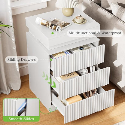 Nightstand with Charging Station & LED Lights, Modern Small Fluted Bedside & End Table with 3 Drawers, Sliding Top & Hidden Storage, Wooden Farmhouse Night Stand for Bedroom Office Sofa, White