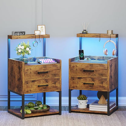 VIAGDO Nightstands Set of 2 with Charging Station, LED Night Stand with 2 Drawers, Rustic Brown Modern Bedside Tables with Open Storage Shelves, End Side Tables for Bedroom, Office
