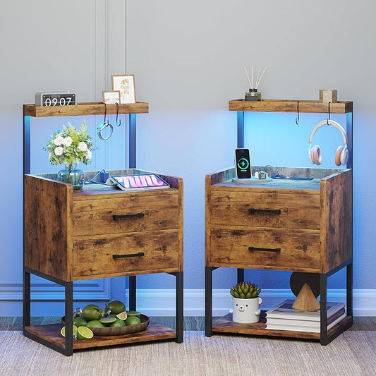 VIAGDO Nightstands Set of 2 with Charging Station, LED Night Stand with 2 Drawers, Rustic Brown Modern Bedside Tables with Open Storage Shelves, End Side Tables for Bedroom, Office