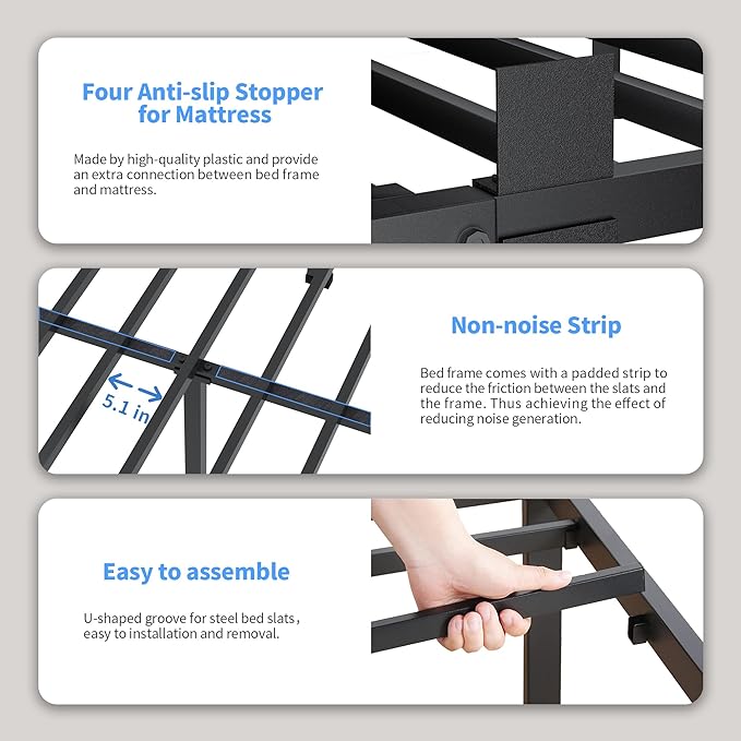 ROIL 16 Inch Twin Bed Frame with Rounded Corner and Headboard Hole Mattress Retainers 3500LBS Metal Heavy Duty Steel Slats No Box Spring Needed Platform Noise-Free Easy Assembly