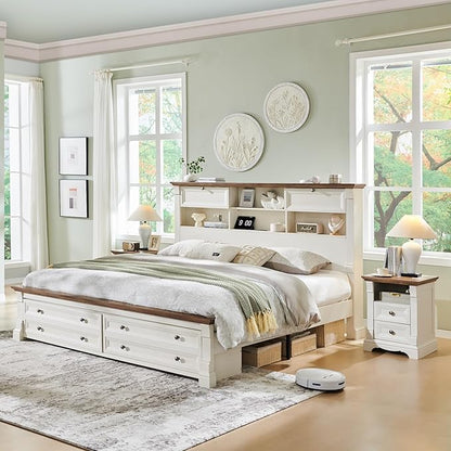 T4TREAM Farmhouse King Size Bed Frame with 54" Tall Headboard, Wood Platform Bed Frame with 18" Tall Roman Column Decoration Footboard & 2 Large Storage Drawers, No Box Spring Needed(Antique White)