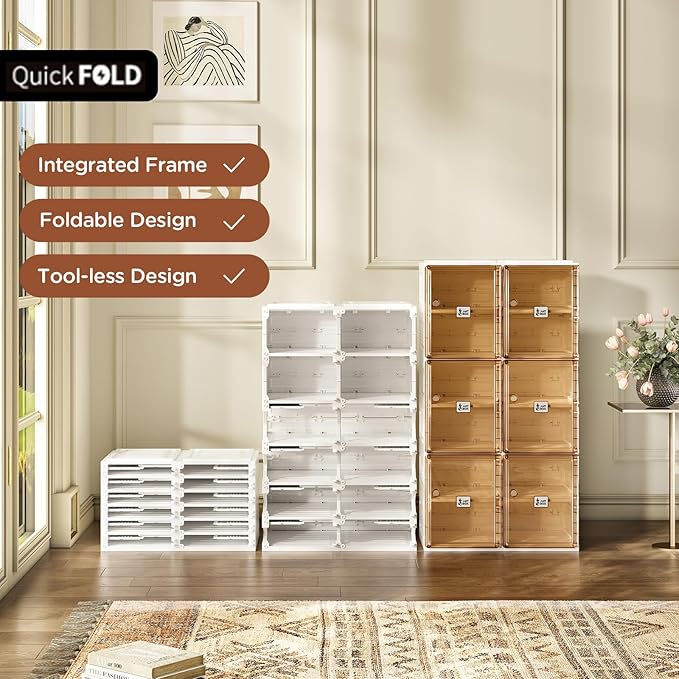 ANTBOX Shoe Organizer Storage Box, Portable Folding Shoe Rack For Closet With Magnetic Clear Door,Large Sneaker Cabinet Bins Sturdy Easy Assembly 6 Layers-12 Grids