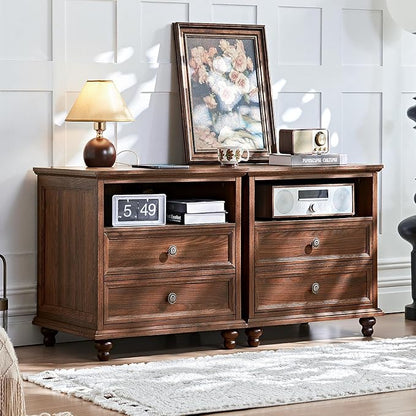 24" Wide Farmhouse Nightstand with Charging Station, End Table with 2 Drawers, Brown Wood Dresser for Bedroom Cabinet, Bed Side Table Chest of Drawers, Night Stand for Living Room, Closet