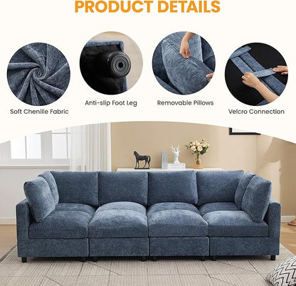 89'' Modular Sectional Cloud Sofa Bed, 6-Seater Convertible Sofa Couch with Ottoman, Modern Deep Seat Sleeper Sofa for Living Room, Chenille Blue