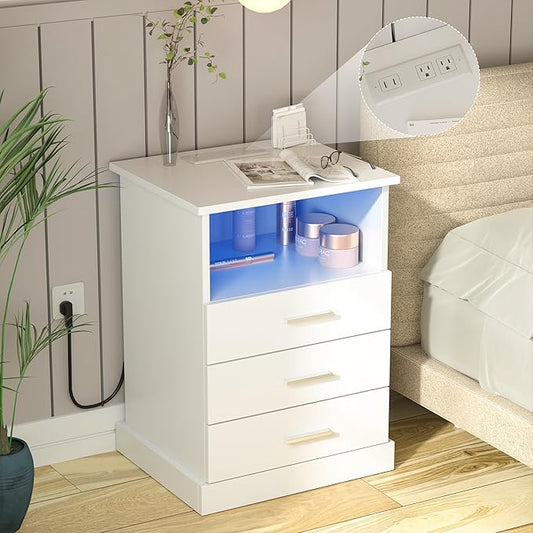 Halitaa Nightstand with Charging Station, LED Lights Side Table with 3 Drawers, End Table for Bedroom Office White