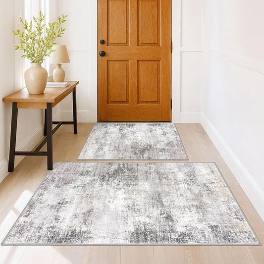 IOHOUZE Small Abstract Area Rug Sets 2x3 and 3x5 Ft Door Mat Indoor Set, Washable Rugs for Entryway Sets, Non Slip Throw Rug Set, Printed Faux Wool Floor Carpet for Foyer Entrance Kitchen, Grey Beige