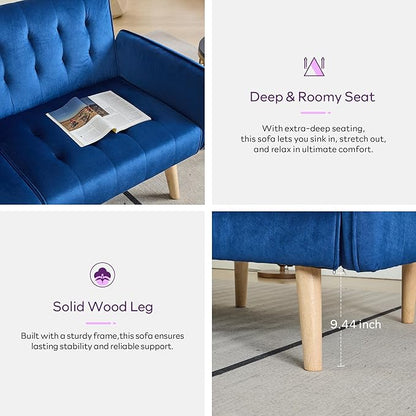 TYBOATLE 65" W Velvet Modern Convertible Folding Futon Couch Sofa Bed w/ 2 USB Charging Ports for Compact Living Space, Small Couches for Office, Dorm, RV Room, Apartment, Bedroom (Navy Blue)