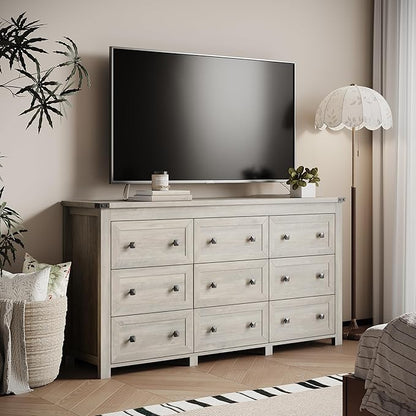 Dresser for Bedroom with 9 Drawers, Farmhouse Wood Chest of Drawers, Wide TV Stand Closet Storage Furniture with Metal Handle, Modern Clothes Organizer for Hallway, Living Room, Entryway, Light Grey