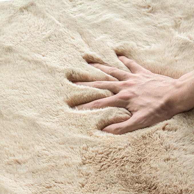 Round Rugs 8ft Shag Washable Fluffy Area Rugs for Bedroom Light Brown Beige Large Circle Faux Rabbit Shaggy Fur Rug for Living Room Nursery Rug