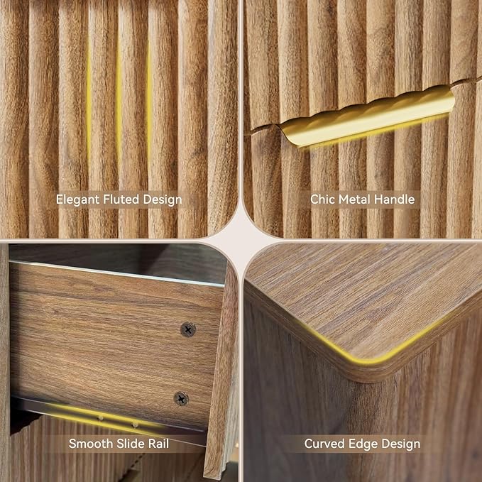 CARPETNAL Fluted 5 Drawers Dresser for Bedroom, 45" Tall Wooden Chest of Drawers with Rounded Corners, Gold Handles, Modern Storage Organizer for Bedroom, Hallway (Walnut)
