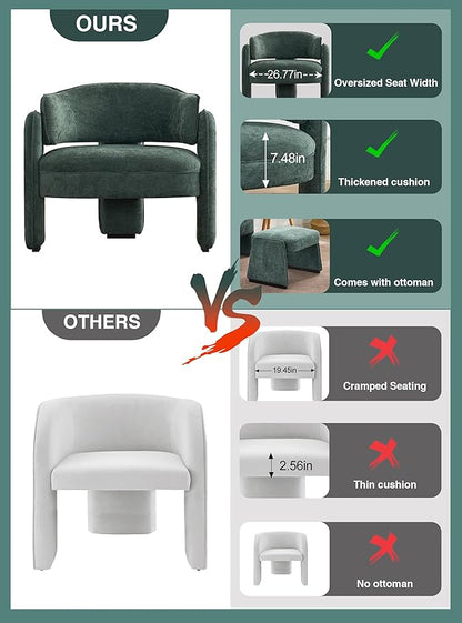 LOULENS Oversized Accent Chair with Ottoman, Modern Upholstered Barrel Chair with Footrest, Comfy Round Armchair for Living Room, Bedroom, Reading Room & Corner (1, Green)
