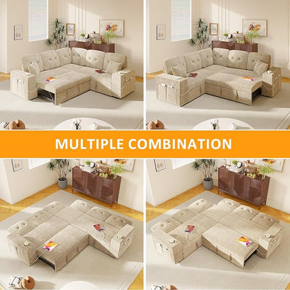 Modular Sectional Sleeper Sofa with Pull Out Bed, L Shaped 5 Seat Sectional Couches for Living Room, 84 Inch Sofa Bed with Adjustable Backrest | Hidden Storage | Wide Armrest | Khaki