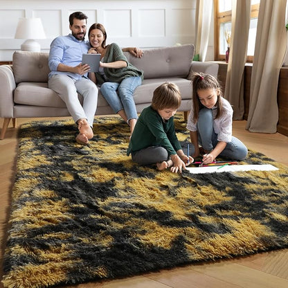PAGISOFE Black and Yellow Fluffy Shag Area Rugs for Bedroom 5x7, Soft Fuzzy Shaggy Washable Rugs for Living Room, Plush Rug for Kids Room Furry Boys Carpet for Teen Dorm Black Room Decor Dark Yellow