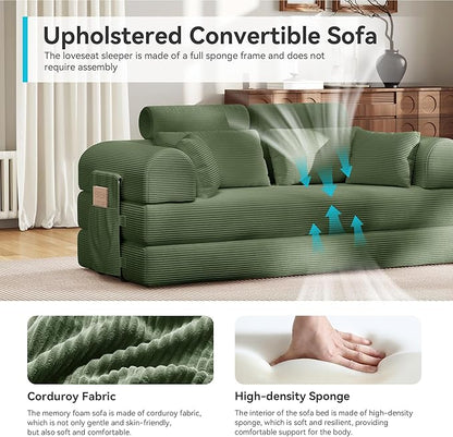 Upgrade High Backrest Design Sofa Bed with Fixed-Shape Frame & Removable Armrests and Backrest, Corduroy Fabric, Convertible Mattress Couch for Small Spaces - No Assembly (High Backrest Olive Green)