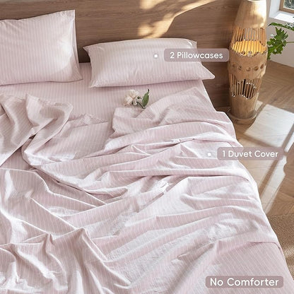 MooMee Striped Duvet Cover Set 100% Washed Cotton Linen Like Textured Breathable Durable Soft Comfy (Heathered Greyish Pink White Wide Stripes, Queen 90"x90")