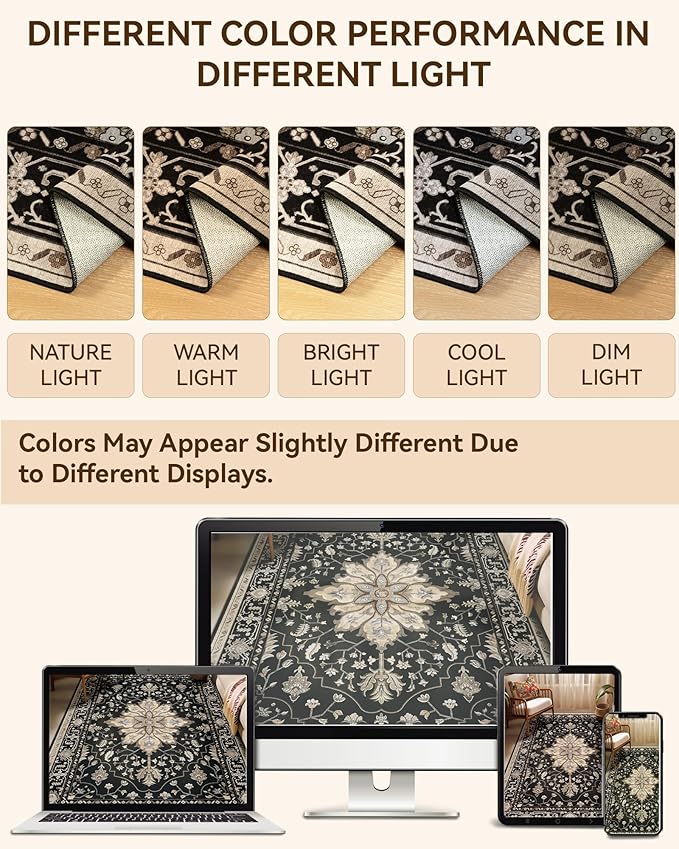 Area Rugs 6'x9' Washable Non-Slip, Floral Vintage Distress Print Pattern Medallion Carpet for Living Room Bedroom Dining Room, Black Brown Neutral Dark Tan