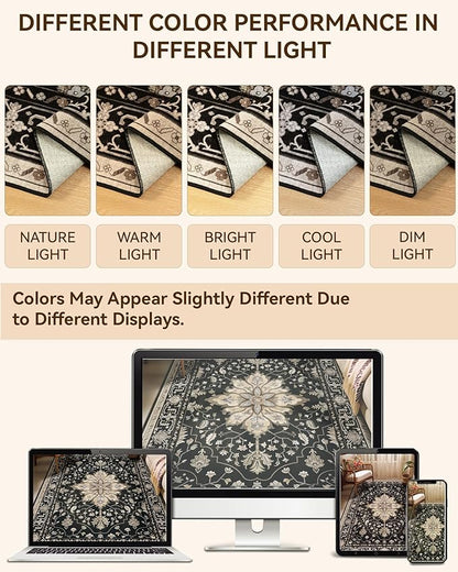 Area Rugs 5ft Washable Non-Slip, Floral Vintage Distress Print Pattern Medallion Carpet for Living Room Bedroom Dining Room, Black Brown Neutral Dark Tan