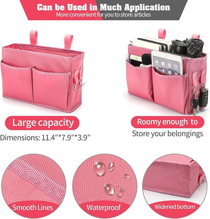 Bseash Bunk Bed Organizer, Bedside Caddy Hanging Bed Organizer Storage Bag with 4 Pockets and 2 Hooks, for College Dorm Rooms Bed, Hospital Bed, Baby Bed Rails, 600D Oxford Cloth (Pink)