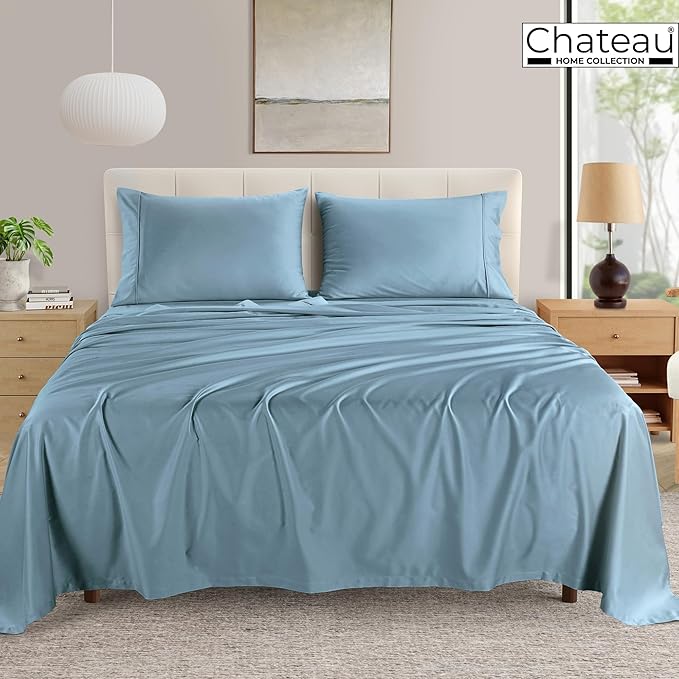 100% Egyptian Cotton Sheets For Queen Size Bed, Certified 400 Tc Deep Pocket Queen Sheet Set, 4 Piece Elasticated Sheet & Pillowcase Sets, No Pill Soft Comfy Naturally Cool & Breathable- French Blue