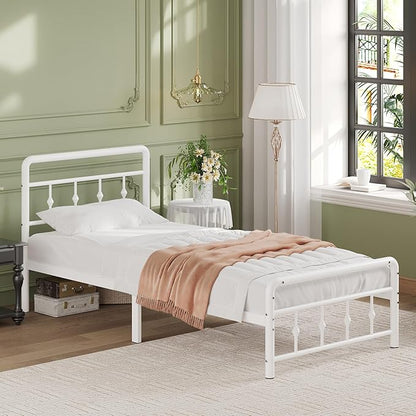 12 Inch Twin Bed Frames with Headboard and Footboard, Heavy Duty Twin Metal Mattress Foundation No Box Spring Needed, Noise Free, Easy Assembly, White