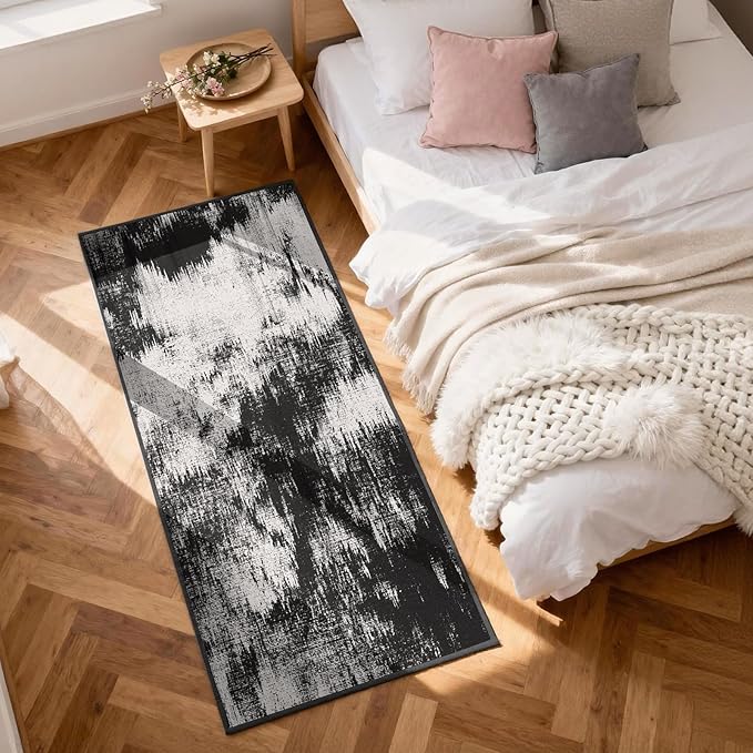 3x8 Hallway Washable Runner Rug: Extra Long Kitchen Runner Non Slip Abstract Rugs Printed Faux Wool Low Pile Soft Indoor Floor Carpet for Bedroon Dining Living Room Bathroom Black White 3x8