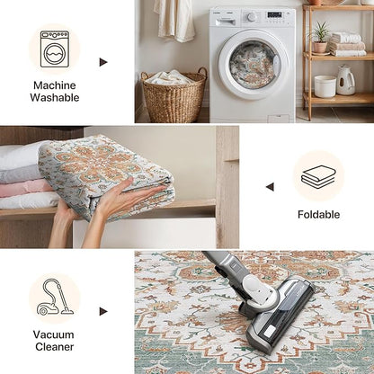 GENIMO 5X7 Area Rugs for Living Room, Machine Washable Vintage Floor Cover Foldable Modern Non Slip Rug, Low Pile Soft Indoor Carpet Floral Print Mat Rug,Bedroom/Dining Room/Home Office, Mint Green