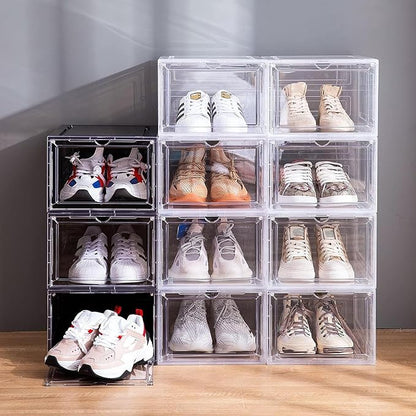 Attelite X-Large Clear Plastic Shoe Boxes - Stackable Shoe Organizer with Magnetic Door, Drop Front Display Box (9 Pack, Clear Black)