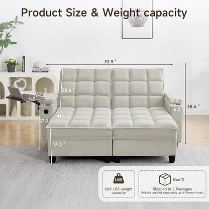 70.9" Chaise Lounge Chair Indoor, Oversized Boucle Upholstered Sofa Bed, Adjustable Backrest Deep Seat Reading Chair, Sofas Couches for Living Room with Storage, Cup Holders & 360° Swivel Side Table